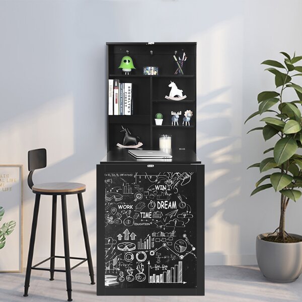 Costway Scrivania pieghevole a parete con scaffali, Tavolo richiudibile con lavagna 85,4x60,1x145,5cm Nero