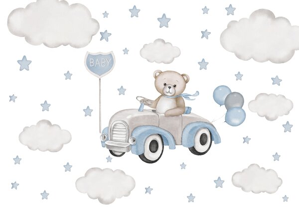 Carta da parati Adorabile illustrazione di un orsetto che guida un'auto d'epoca tra nuvole e stelle, Carta da parati per Bambini, w03382v1 : Uwalls.it