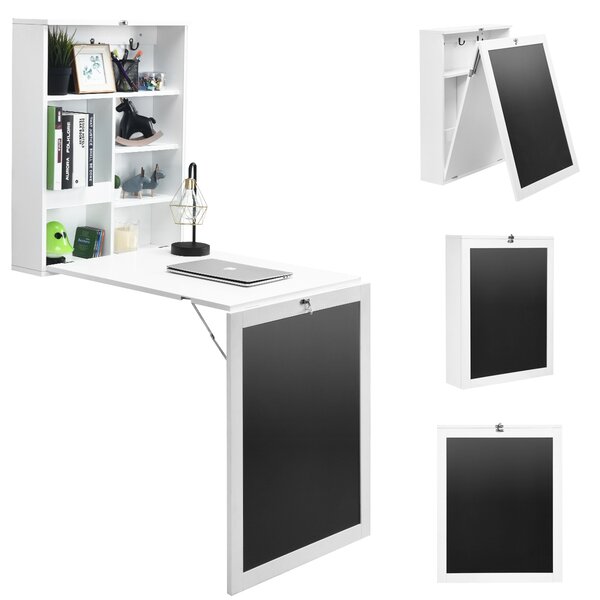Costway Scrivania pieghevole a parete con scaffali, Tavolo richiudibile con lavagna 85,4x60,1x145,5cm Bianco
