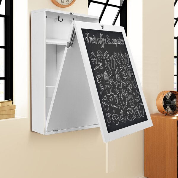 Costway Scrivania pieghevole a parete con scaffali, Tavolo richiudibile con lavagna 85,4x60,1x145,5cm Bianco