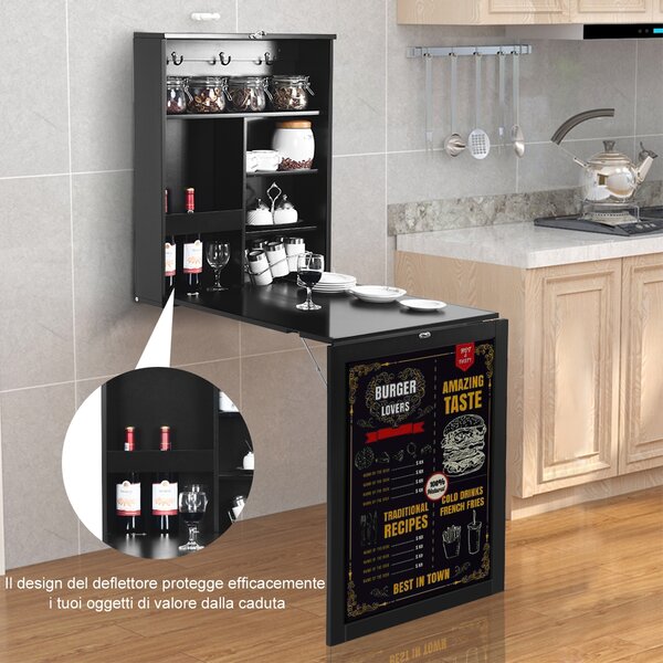 Costway Scrivania pieghevole a parete con scaffali, Tavolo richiudibile con lavagna 85,4x60,1x145,5cm Nero