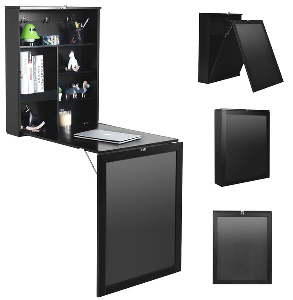 Costway Scrivania pieghevole a parete con scaffali, Tavolo richiudibile con lavagna 85,4x60,1x145,5cm Nero