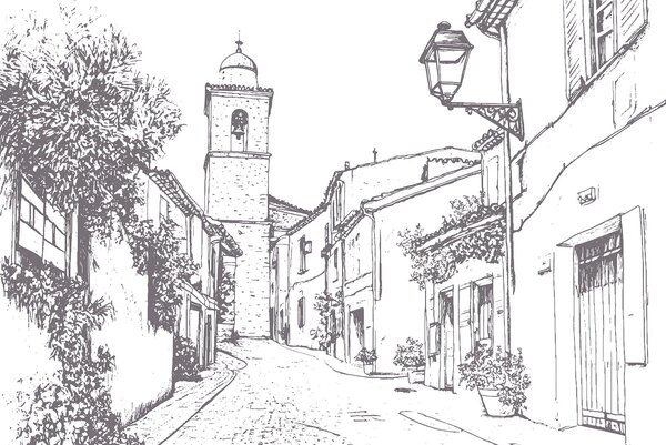 Carta da parati Strada della città, bella architettura, edifici, Mediterraneo, disegno al tratto,, Carta da parati Vintage, w03345v1 : Uwalls.it