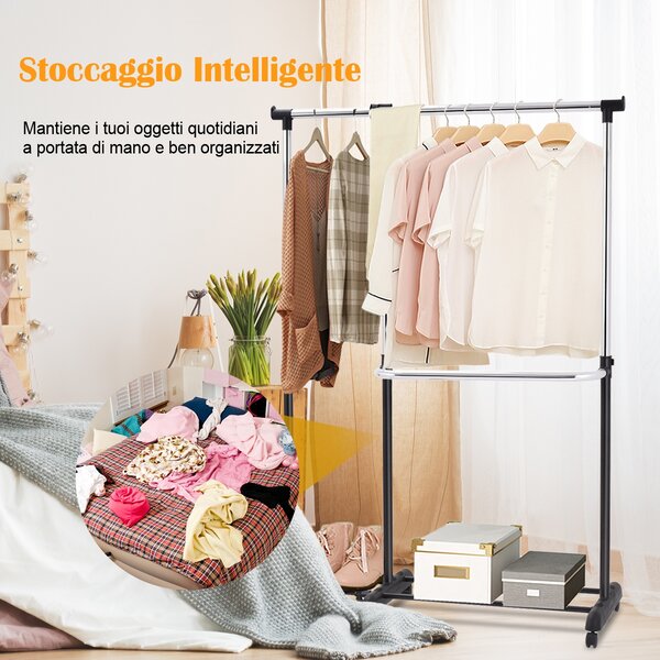 Costway Stand appendiabiti da terra in acciaio con 6 ruote, Porta abiti regolabile 91-160x43x93-168cm, Nero