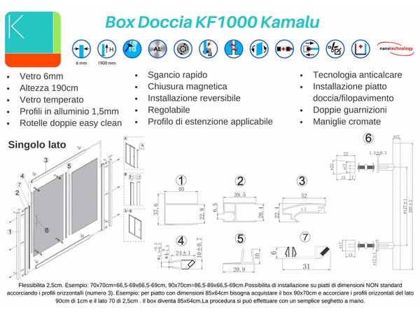 Kamalu box doccia telaio nero 70x70 angolare vetro trasparente modello kf1000b
