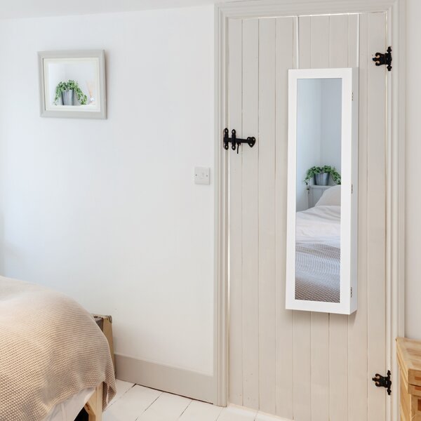 Costway Armadietto per gioielli con specchio a parete e porta con luce a LED 106x30x8,5cm, Portagioielli da parete Bianco
