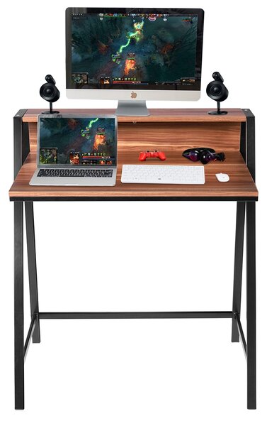 Costway Scrivania per computer a 2 livelli per piccoli spazi, Tavolo di lavoro per videogiochi da ufficio e studio 80x50x90cm