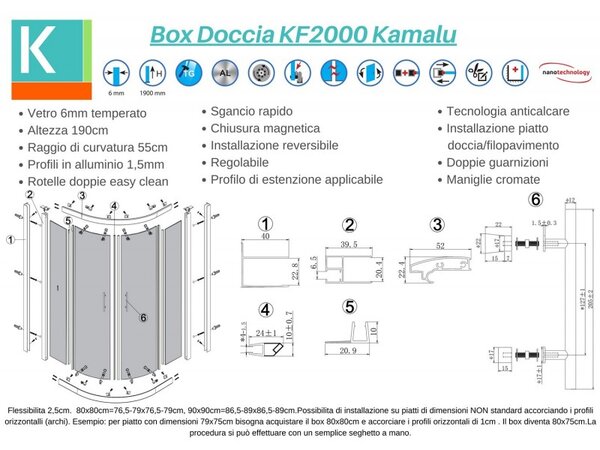 Kamalu box doccia semicircolare 90x90 vetro satinato anticalcare kf2000