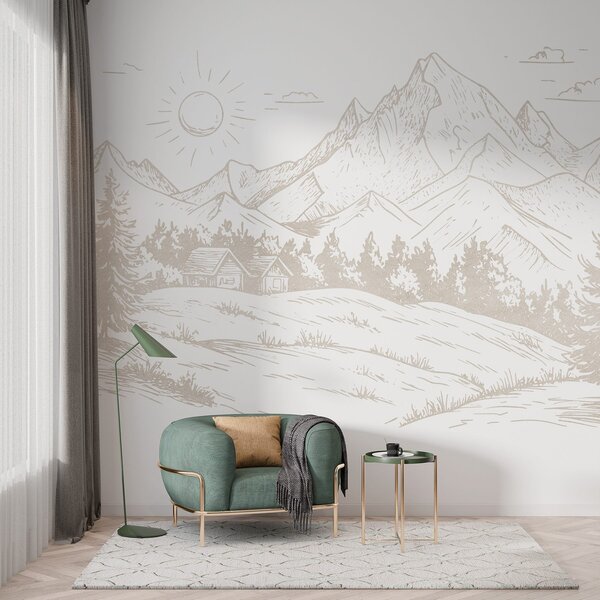 Carta da parati Disegno di montagne, paesaggi naturali, foresta, case di legno, colore beige, Carta da parati Natura, w03348 : Uwalls.it