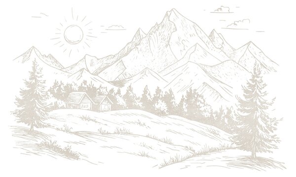 Carta da parati Disegno di montagne, paesaggi naturali, foresta, case di legno, colore beige, Carta da parati Natura, w03348 : Uwalls.it