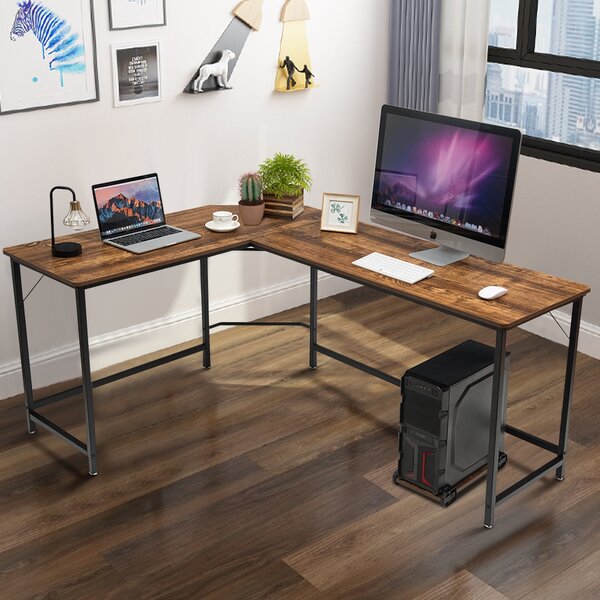 Costway Scrivania ad angolo a forma L per ufficio, Tavolo ampio per computer in legno da casa 168x125x74cm Caffè