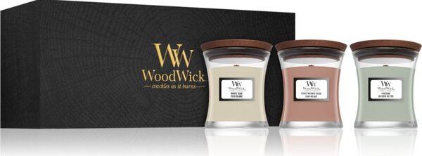 Woodwick Fireside & White Teak & Stone Wash Suede confezione regalo con stoppino in legno (gift box) 1 pz