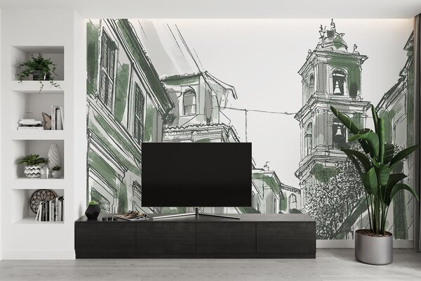 Carta da parati Strada della città mediterranea, cappella, architettura, colori grigio e verde, Carta da parati Città, w03350v2 : Uwalls.it