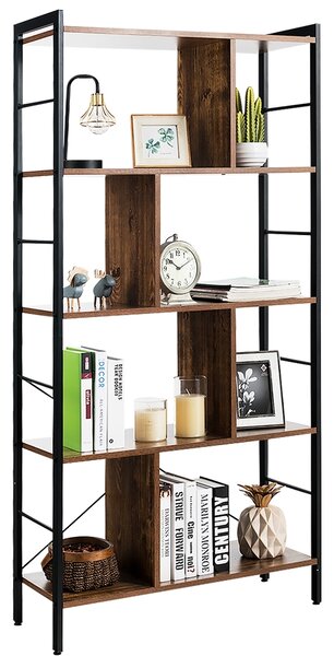 Costway Scaffale libreria stile industriale con 5 mensole di metallo, Scaffale con divisori da casa e ufficio, Marrone rustico