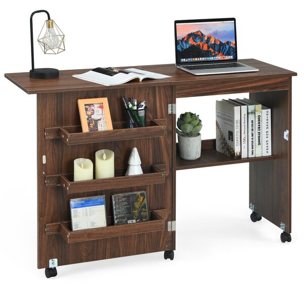 Costway Mobiletto per macchina da cucire pieghevole Tavolo da cucito con mensole 117x40x78cm Marrone