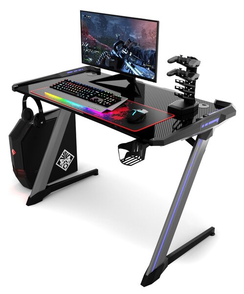 Costway Scrivania da gaming ergonomica con luci e tappetino per il mouse, Tavolo per videogame con porta auricolari Nero