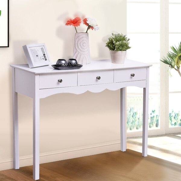 Costway Consolle scrivania da trucco con 3 cassetti, Tavolo vintage multifunzione in MDF per casa ufficio, Bianco