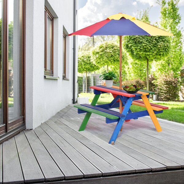 Costway Set con tavolo picnic di legno e ombrellone per bambini, Tavolo e panchina con 4 posti e ombrellone pieghevoli