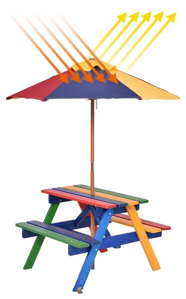 Costway Set con tavolo picnic di legno e ombrellone per bambini, Tavolo e panchina con 4 posti e ombrellone pieghevoli