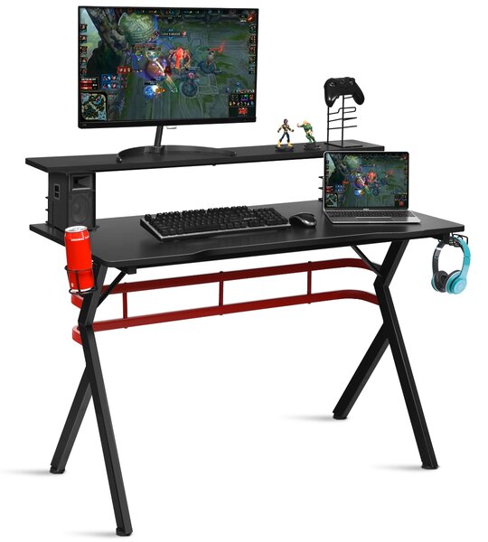 Costway Scrivania da gaming con porta bicchiere gancio per cuffie e mensola, Postazione da gaming professionale per casa e ufficio