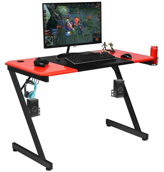 Costway Scrivania da gaming con superficie in fibre di carbonio, Postazione da gaming professionale a forma di Z, Nero e rosso