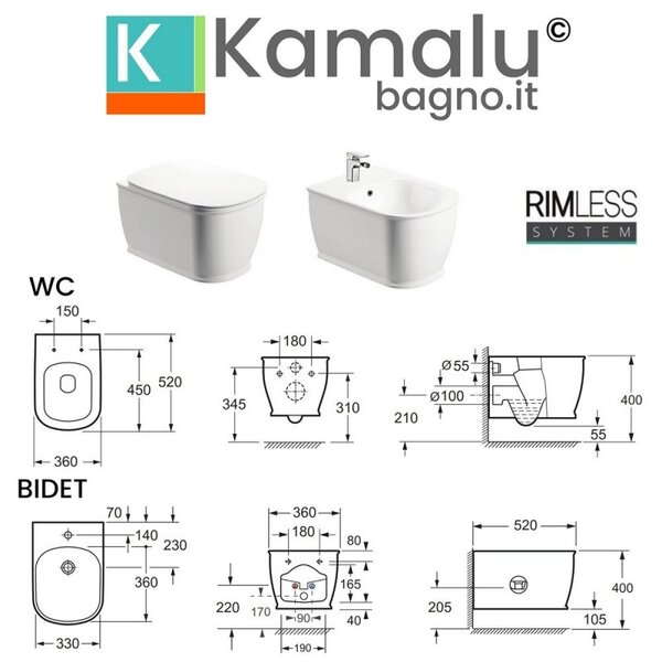 Kamalu sanitari sospesi senza brida sedile soft-close genta-100s