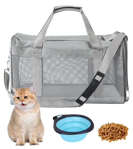Elzusha - Trasportino pieghevole per gatti e cani, completo di ciotola per cibo, dimensioni 42x27x28 cm, colore grigio