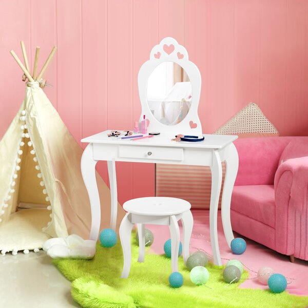 Costway Set toeletta e sedia per bambine, Toeletta 2 in 1 con superficie smontabile, Bianco