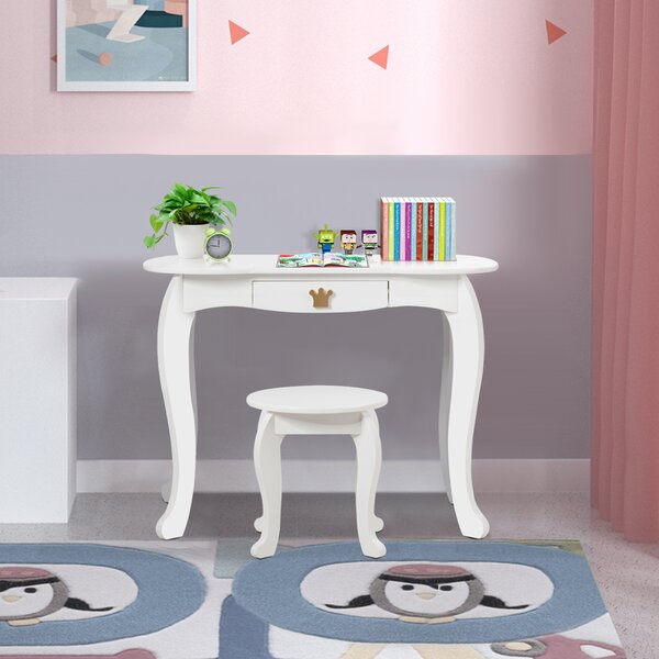 Costway Set toeletta e sedia per bambine con cassetto, Toeletta 2 in 1 con superficie smontabile, Bianco