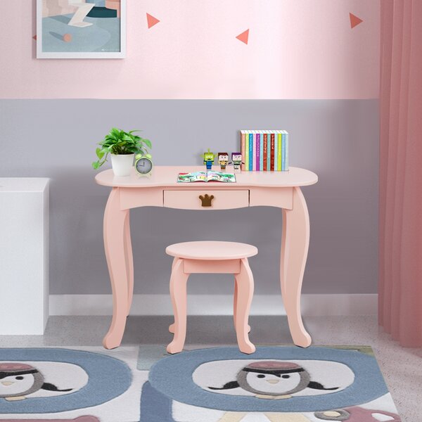 Costway Set toeletta e sedia per bambine con cassetto, Toeletta 2 in 1 con superficie smontabile, Rosa