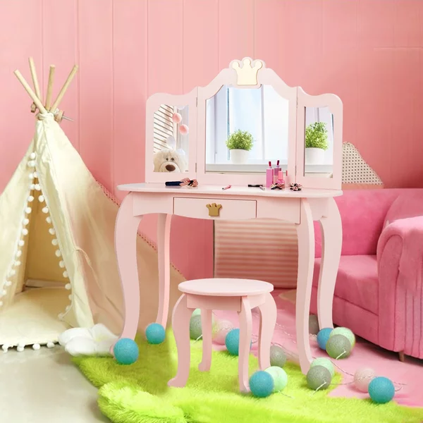 Costway Set toeletta e sedia per bambine con cassetto, Toeletta 2 in 1 con superficie smontabile, Rosa
