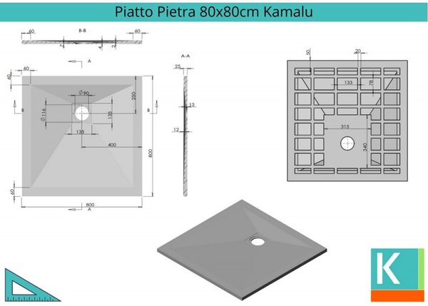 KAMALU - Piatto doccia 80x80 effetto pietra colore ardesia antracite