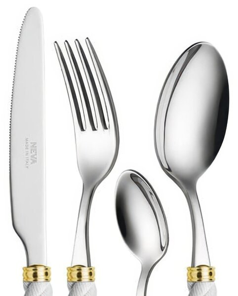 Servizio posate da 24 pezzi Neva Posateria Creativa Collezione LA CORDA Realizzato in acciaio inox 18/10 e 100% Made in Italy Colore Bianco Ghiera Oro