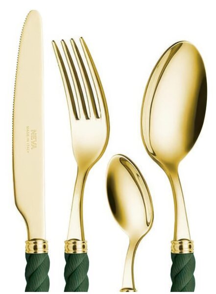 Servizio posate da 24 pezzi Neva Posateria Creativa Collezione LA CORDA Realizzato in acciaio inox 18/10 e 100% Made in Italy Colore Verde Ghiera Oro