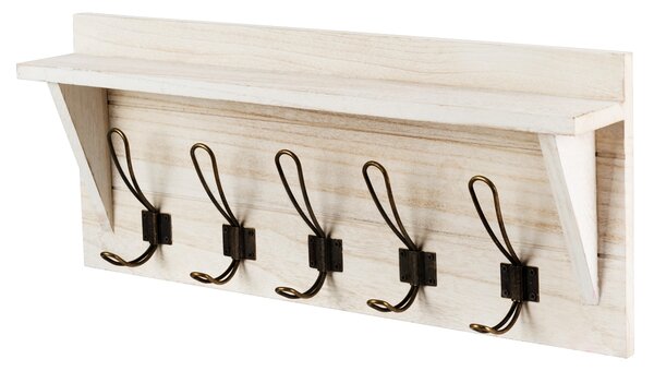 Costway Attaccapanni rustico con ganci e mensola, Appendiabiti da parete 100% legno naturale di paulonia, Bianco