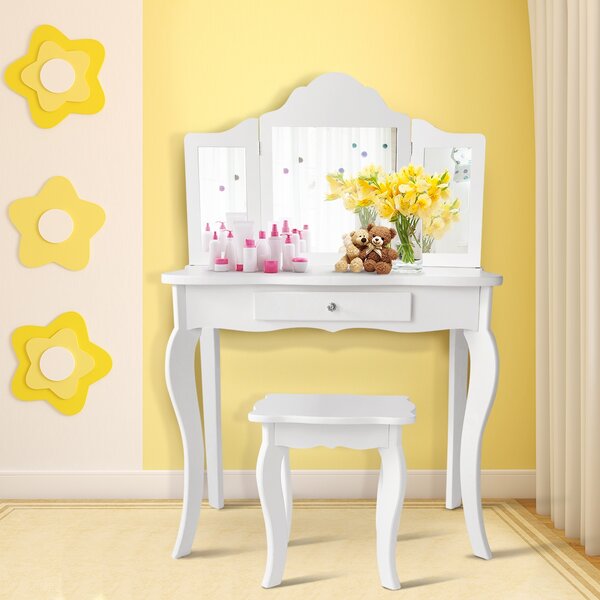 Costway Set toeletta per bambini, Tavolo toeletta principessa con sgabello specchio pieghevole, Bianco