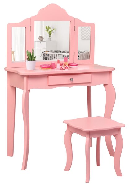 Costway Set toeletta per bambini, Tavolo toeletta principessa con sgabello specchio pieghevole, Rosa