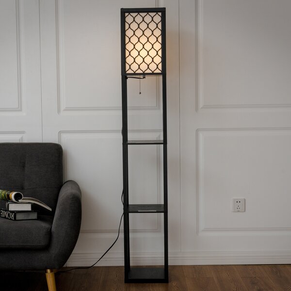 Costway Lampada con scaffale di legno, Organizer con lampada per salone e camera da letto, Nero
