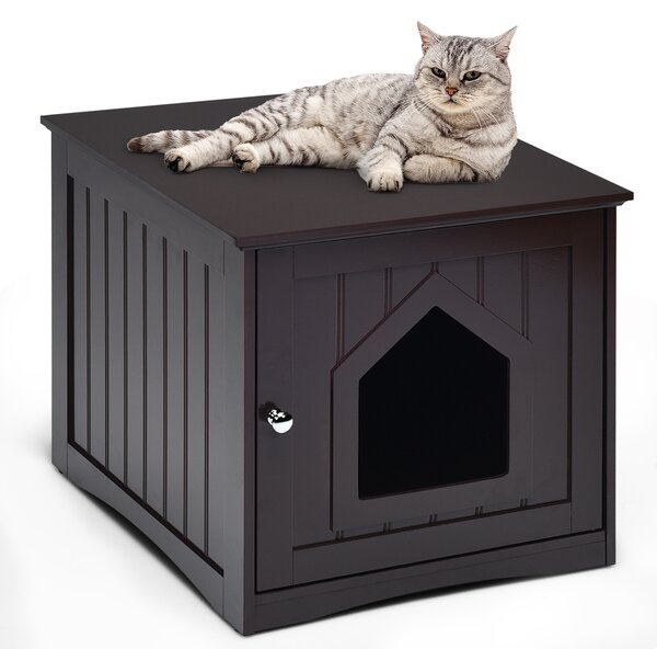 Costway Casetta per gatto in legno con porta Casa di design per gatti 51x49x46cm, Marrone