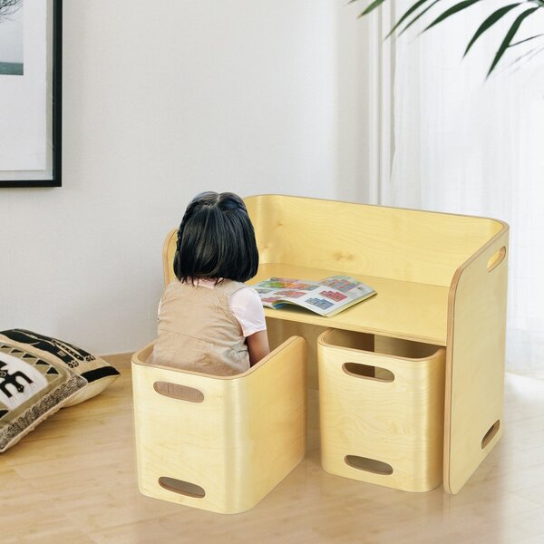 Costway Set tavolo e sedie in legno di faggio per bambini, Set multiuso con tavola spessa e superficie liscia Naturale