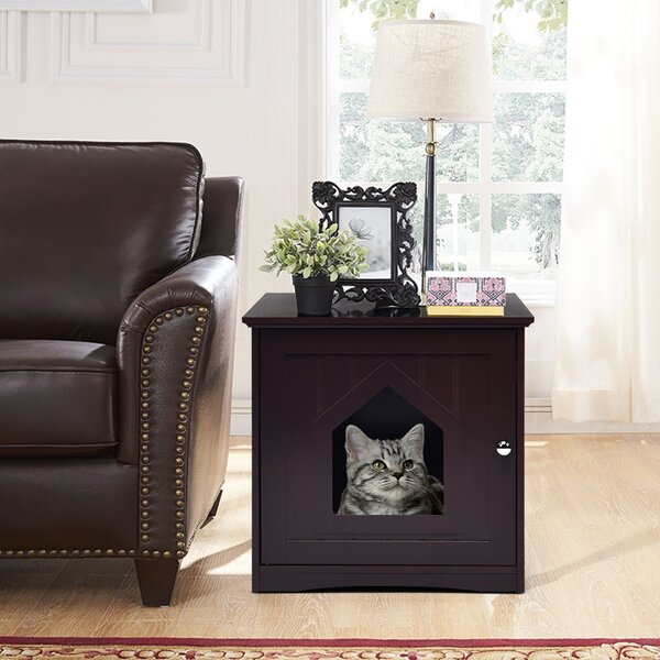 Costway Casetta per gatto in legno con porta Casa di design per gatti 51x49x46cm, Marrone