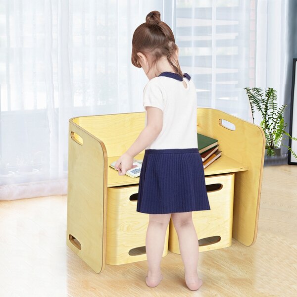Costway Set tavolo e sedie in legno di faggio per bambini, Set multiuso con tavola spessa e superficie liscia Naturale