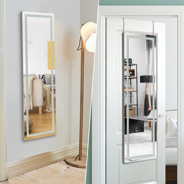Costway Specchio a figura intera per porta con luci LED, Specchio per porta 120 x 37 cm con struttura di legno, Bianco