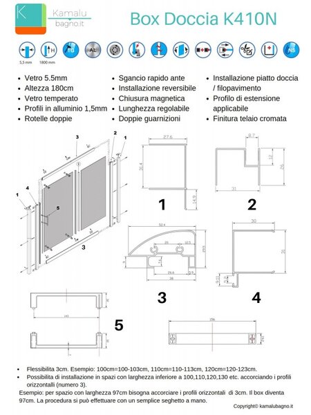 Kamalu box doccia a nicchia 120cm vetro serigrafato altezza 180cm k410n