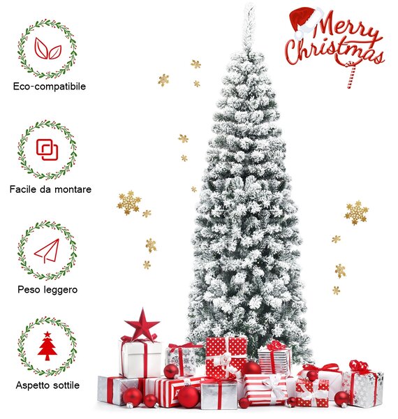 Costway Albero di Natale slanciato 180 cm, Abete artificiale innevato con base flessibile e foglie spesse
