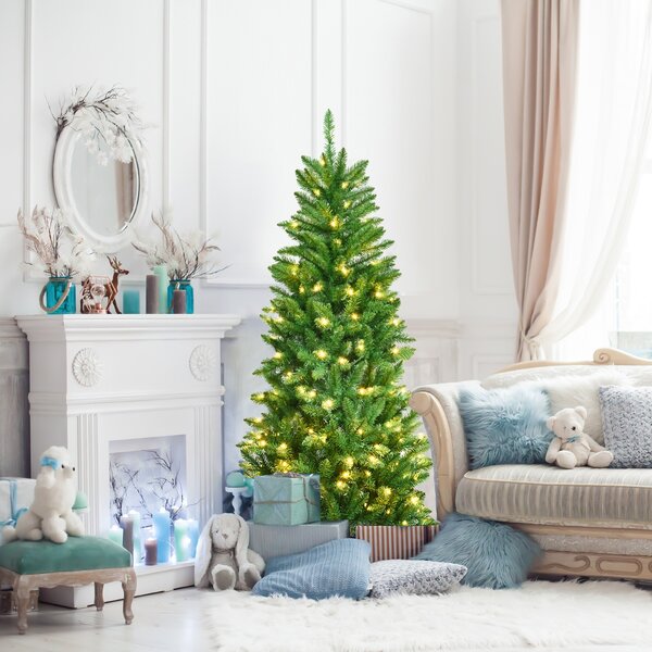 Costway Albero di Natale illuminato 150 cm, Abete artificiale con 150 luci bianche e calde 300 rami