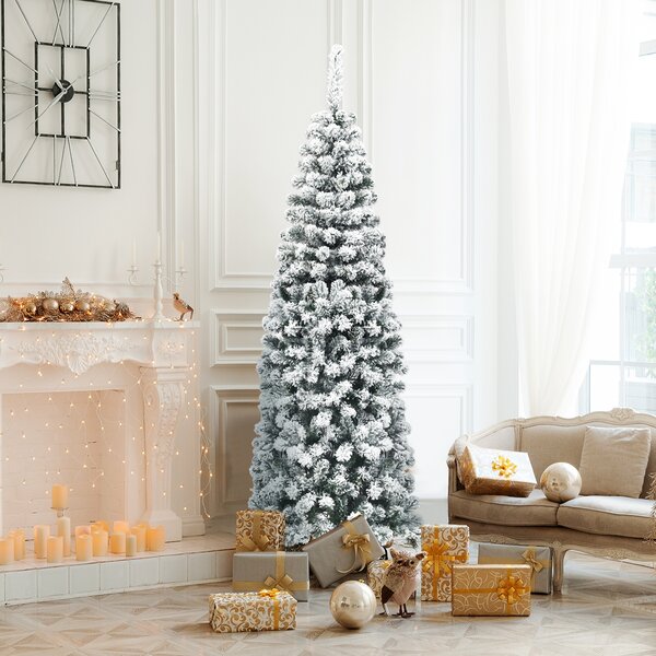 Costway Albero di Natale slanciato 180 cm, Abete artificiale innevato con base flessibile e foglie spesse