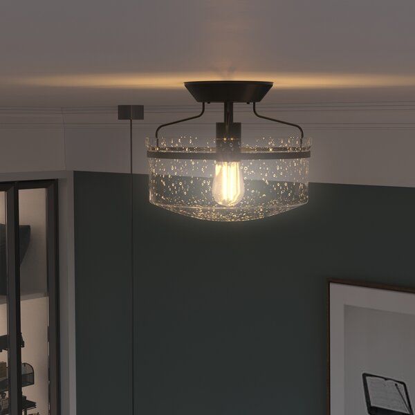 Costway Lampadario industriale con paralume di vetro, Lampadario da soffitto con base nera di metallo, Nero
