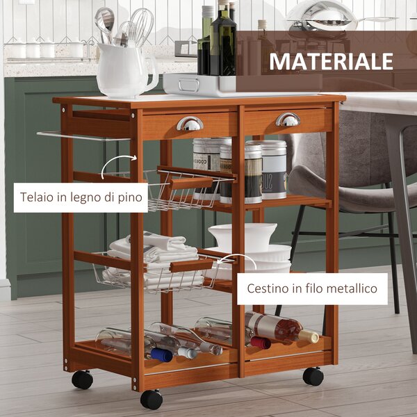 HOMCOM Carrello da Cucina Multiuso in Legno di Pino 74x37x75cm Pratico e Versatile per Piccole Cucine in Stile Moderno Color Marrone Chiaro|Aosom