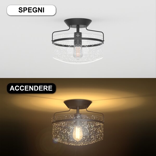 Costway Lampadario industriale con paralume di vetro, Lampadario da soffitto con base nera di metallo, Nero